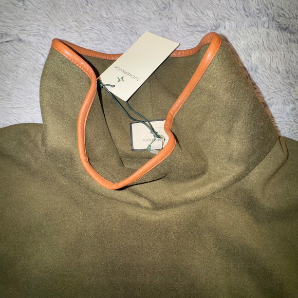 Tuckernuck Leather Trim Funnel Neck Piper Poncho One Size Olive Chic Old Money - Picture 4 of 8